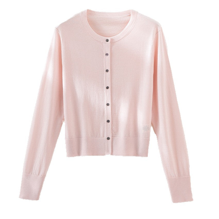 Women's light fine knit cardigan in cropped cut with round neck and continuous button placket Mune Fashion