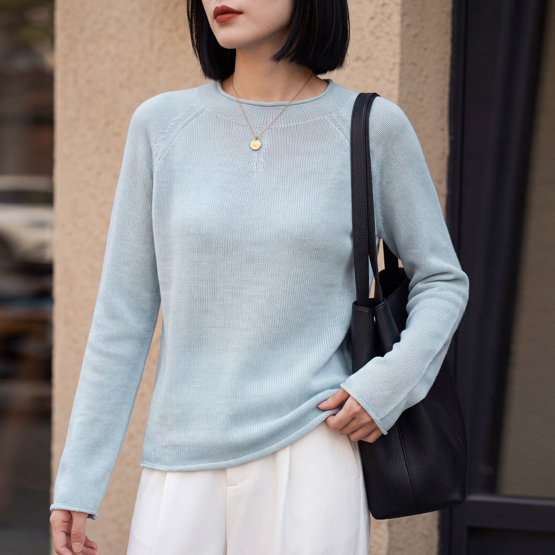 Women Light Round Neck Sweater in Cashmere Look with Raglan Sleeves Mune Fashion