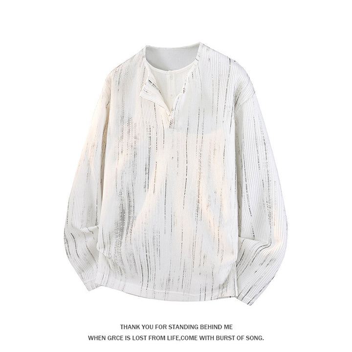 Men's Oversize Knit Sweater with Henley Neck and Fine Structure Stripe Mune Fashion