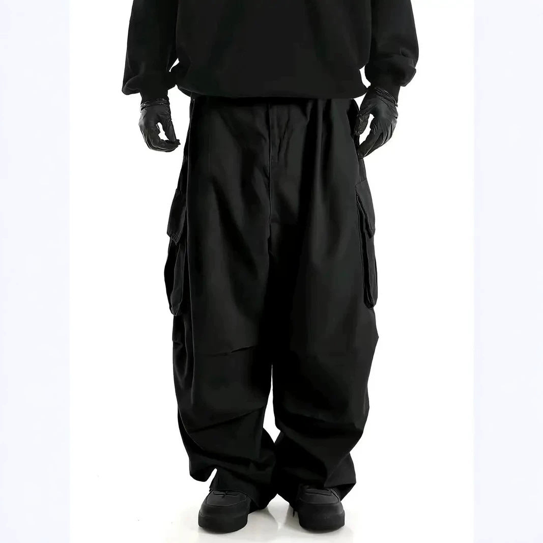 Men's Wide Baggy Utility Cargo Pants with Multi-Pockets and Low Crotch Mune Fashion