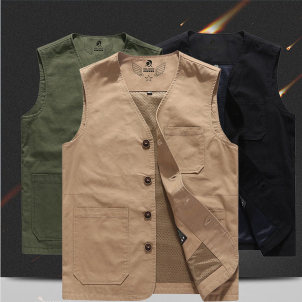 Men's Sleeveless Utility Vest with Button Closure, Large Patch Front Pockets, and Lightweight Mesh Lining Mune Fashion