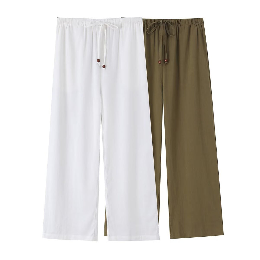 Women's Lightweight Loose Linen Look Pants with Elastic drawstring and Wooden beads Mune Fashion