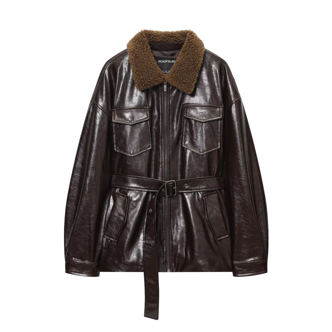 Women's Oversized Faux Leather Jacket with Teddy Collar and Waist Belt Mune Fashion