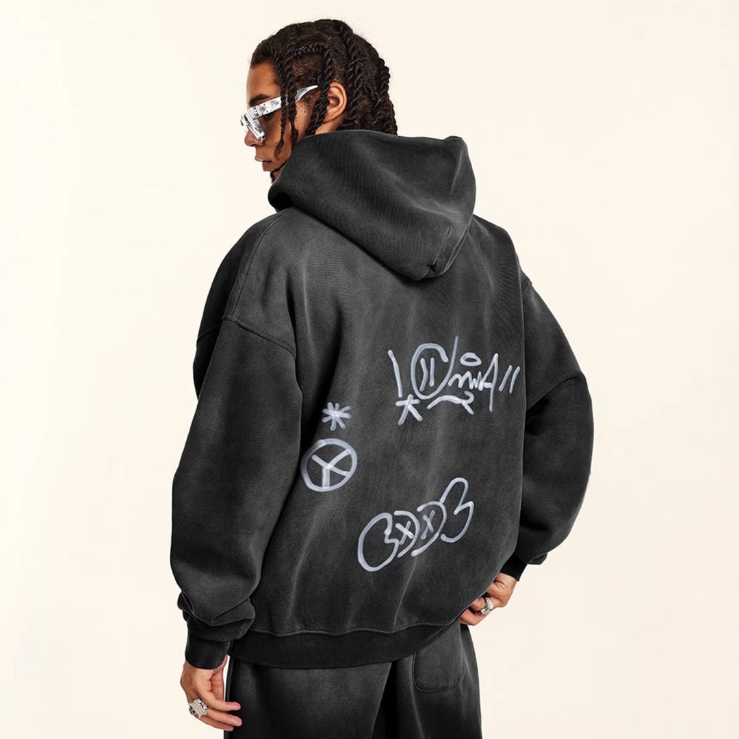 Unisex oversized hoodie jacket with full-length zipper, brushed fleece lining, and hand-like spray print Mune Fashion