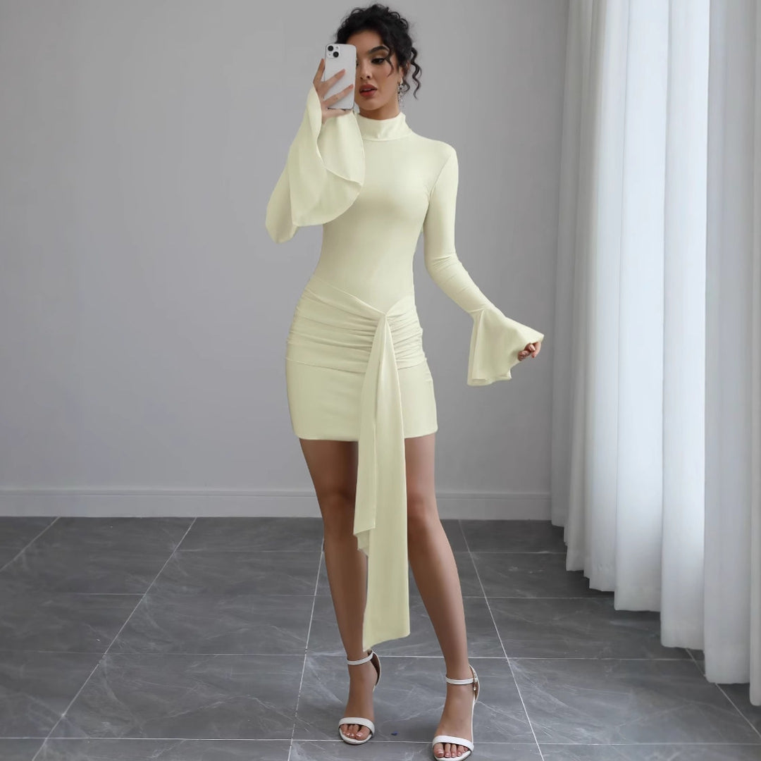 Women's Fitted Mini Dress with Turtleneck, Gathered, Tie Scarf and Bell Sleeves Mune Fashion