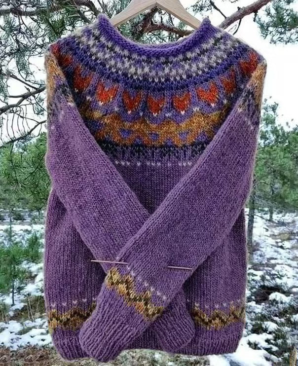 Women's Norwegian sweater made of wool blend with round neck and traditional Fair Isle yoke Mune Fashion
