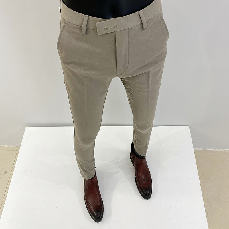 Men's slim elegant suit pants with stretch waistband, crease and narrow tapered leg Mune Fashion