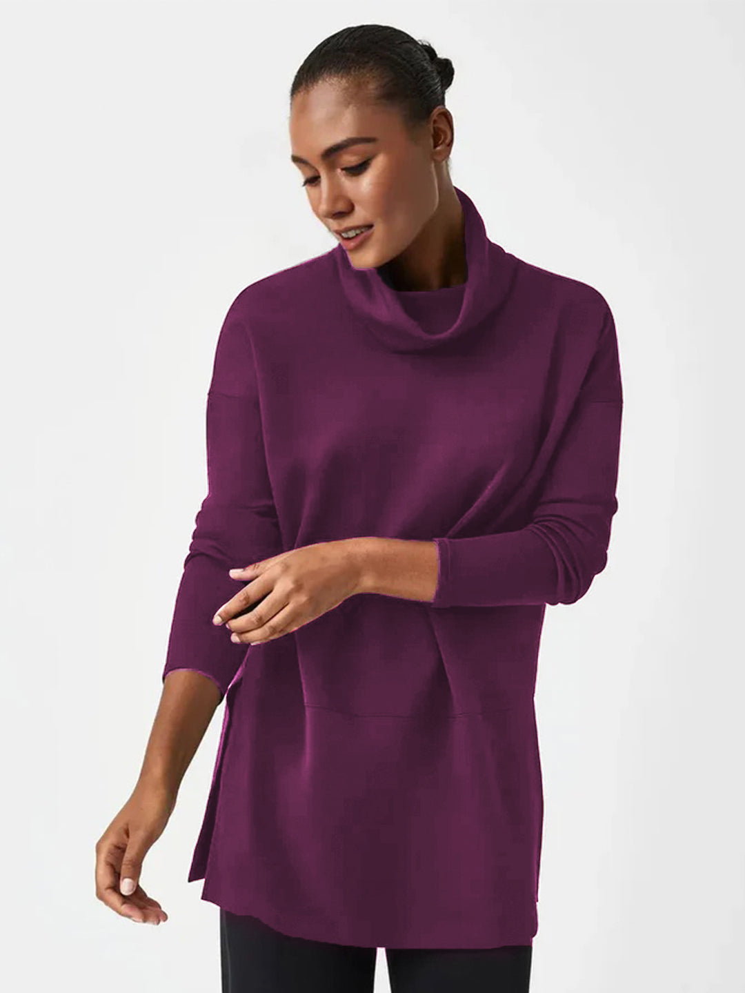 Women's Cozy Funnel Neck Tunic Sweater with Oversized Cut and Side Slits Mune Fashion