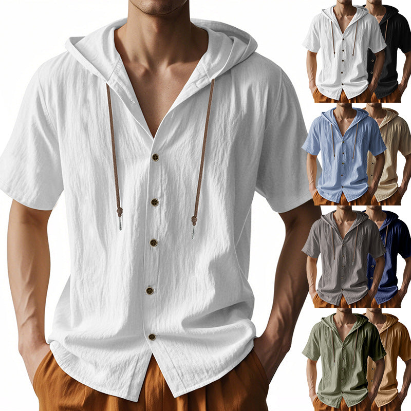 Men's breathable short sleeve hoodie made of linen blend with wooden button placket and drawstring Mune Fashion