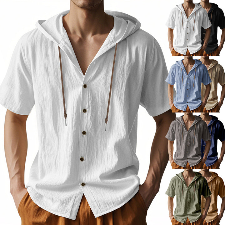 Men's breathable short sleeve hoodie made of linen blend with wooden button placket and drawstring Mune Fashion