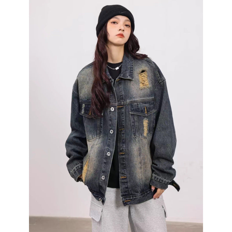 Unisex Vintage-Style Denim-Worker-Jacket with Repair-Details and Straight Cut Mune Fashion