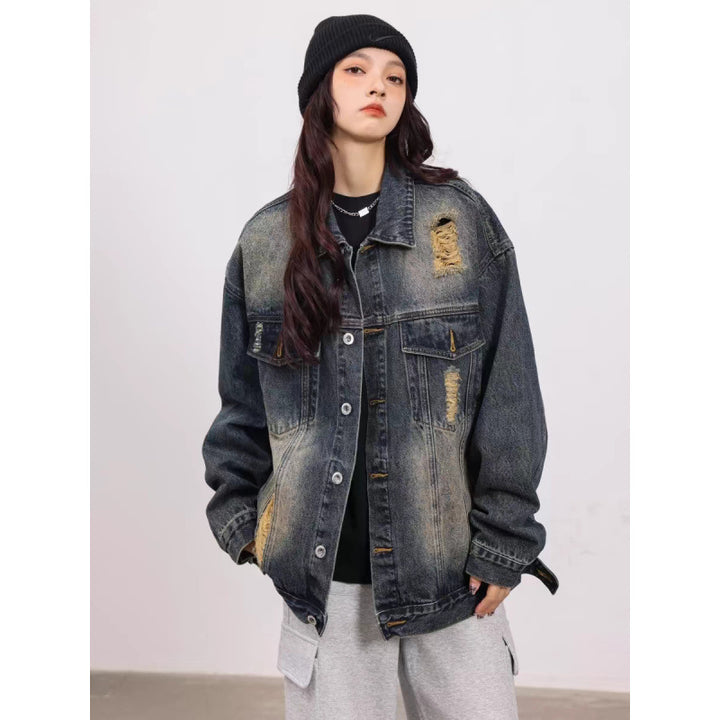 Unisex Vintage-Style Denim-Worker-Jacket with Repair-Details and Straight Cut Mune Fashion