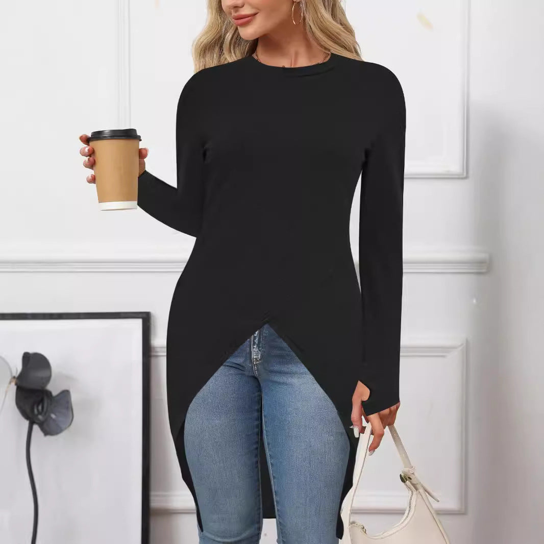 Women Long Asymmetrical Tunic Top with Overlapping Front and Side Slits Drune