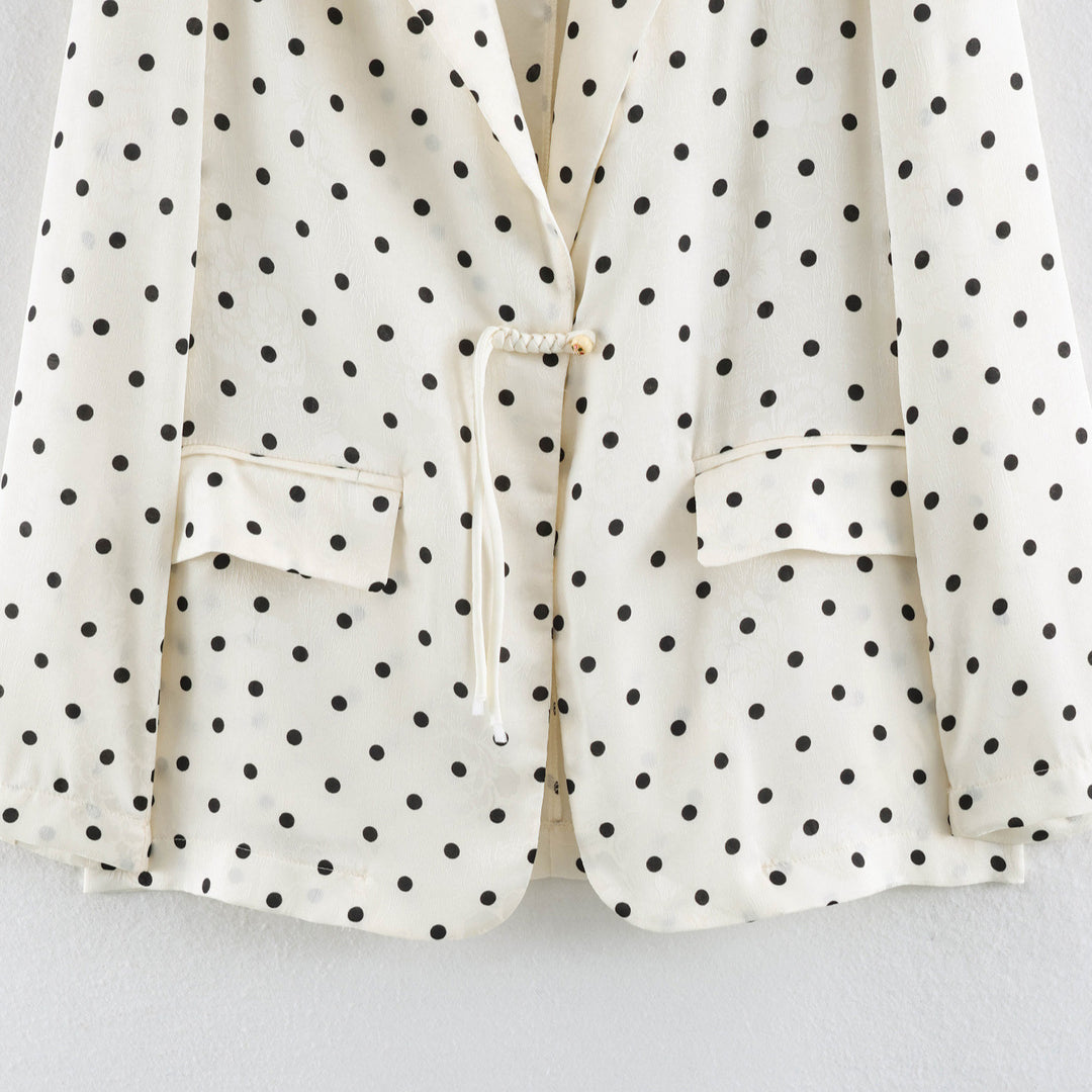 Ladies Light Polka Dot Blazer with Lapels, Drawstring Waist and Flap Pockets Mune Fashion