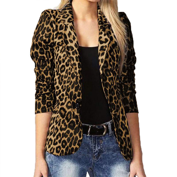 Women Elegant Leopard Pattern Blazer Jacket with Tailored Cut Mune