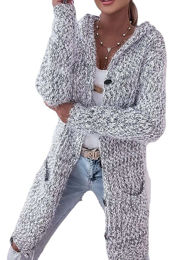 Women Longer Mélange Cozy Cardigan with Hood, Horn Button and Pockets Mune Fashion