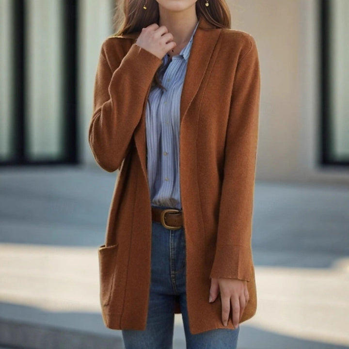 Women's Open Long Cardigan made of Soft Knit with Applied Pockets Drune