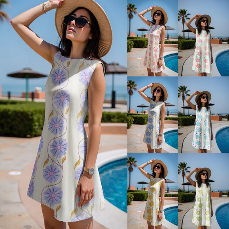 Women's Lightweight Sleeveless Shift Midi Dress with Delicate Floral Print and Straight Neckline Mune Fashion