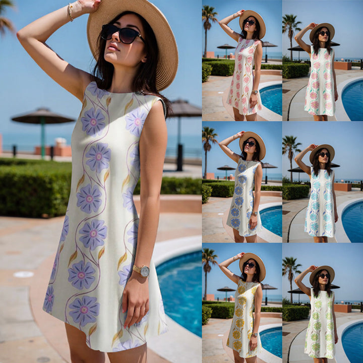 Women's Lightweight Sleeveless Shift Midi Dress with Delicate Floral Print and Straight Neckline Mune Fashion