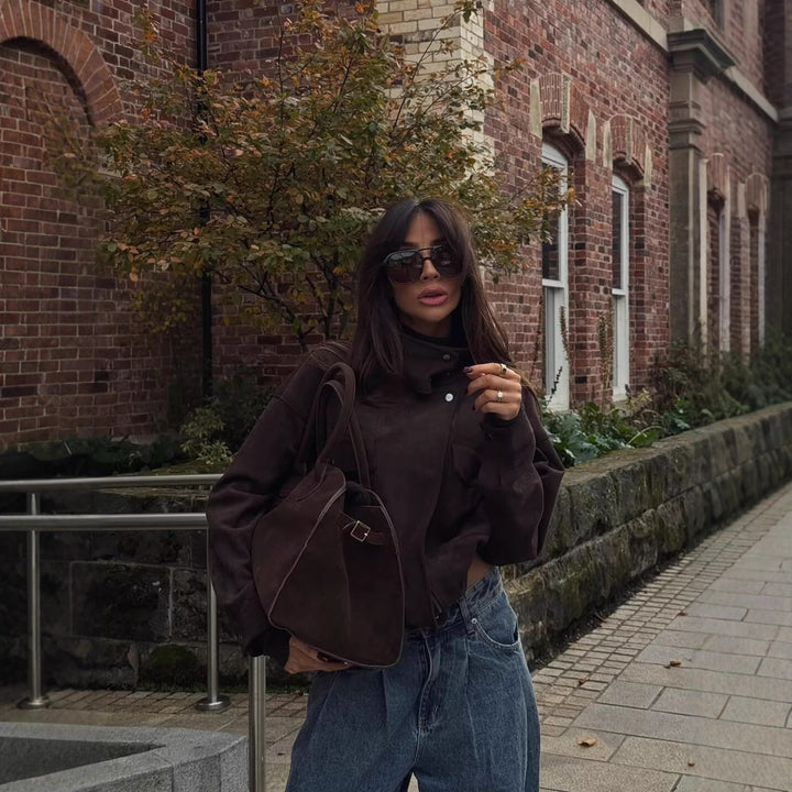 Ladies Short Boxy Jacket in Suede Look with High Funnel Neck Mune Fashion