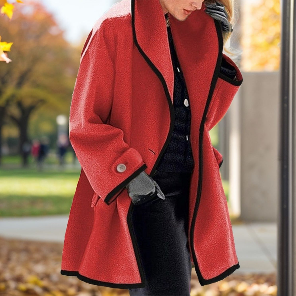 Women's A-line wool blend coat with hood and contrasting piping Mune Fashion