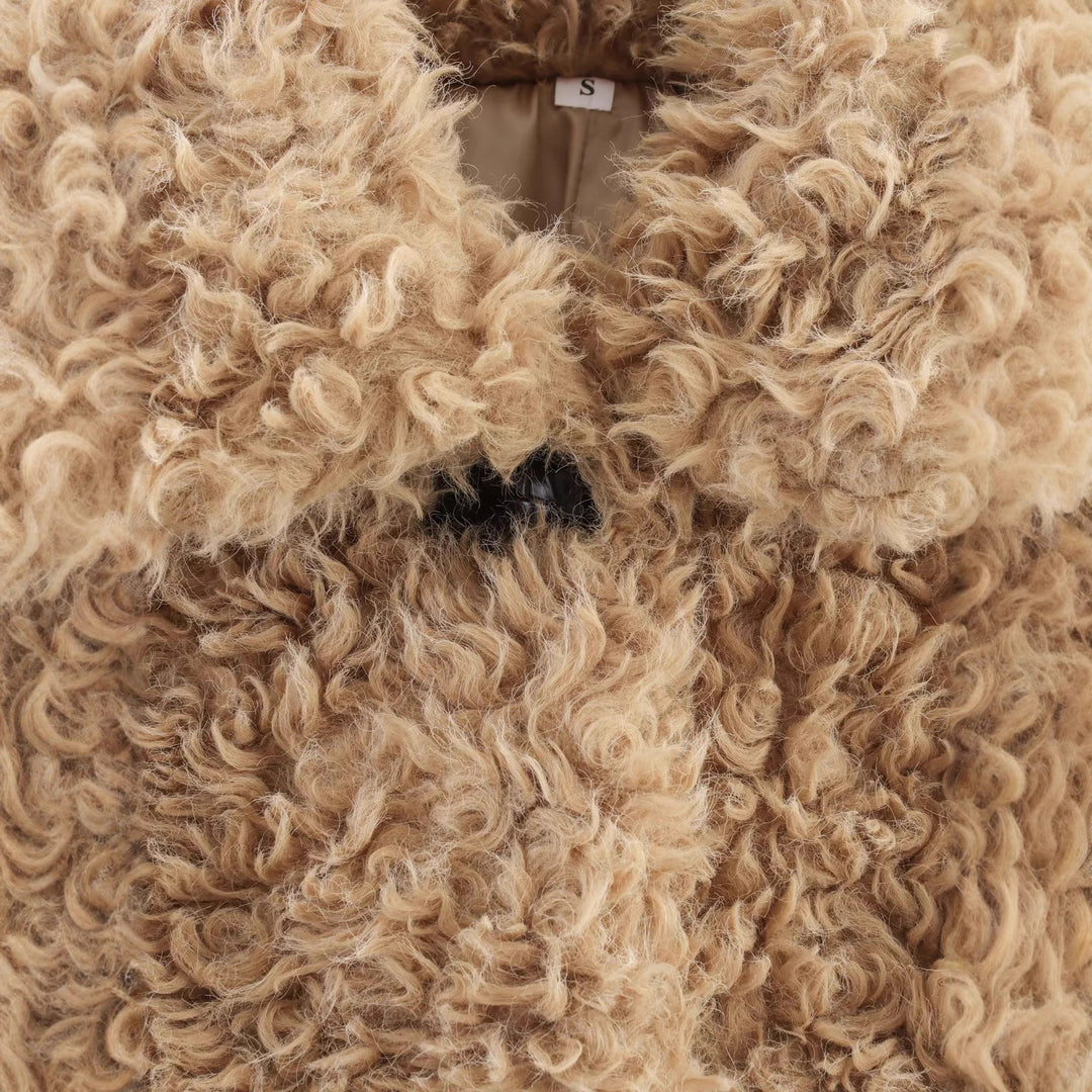 Women's short boucle teddy jacket with curly woven texture, shirt collar, and button closure Mune Fashion