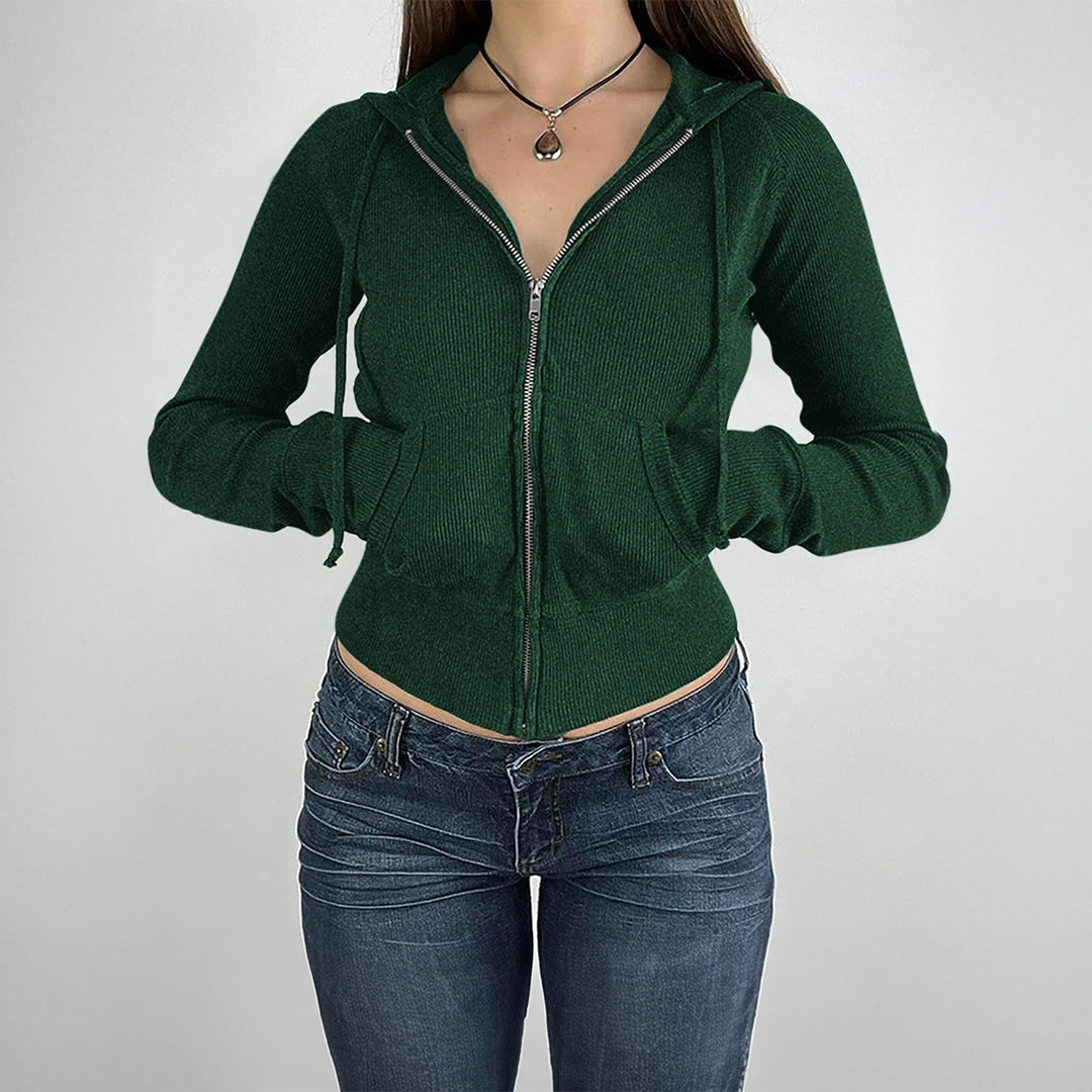 Women’s narrow cut fine knit hoodie jacket with metal zipper, kangaroo pockets and thumb hole cuffs Mune Fashion