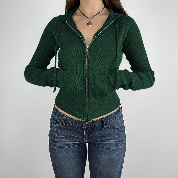 Women’s narrow cut fine knit hoodie jacket with metal zipper, kangaroo pockets and thumb hole cuffs Mune Fashion