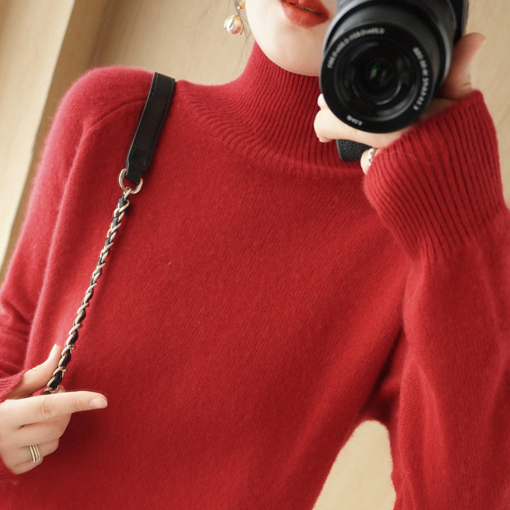 Women's Luxury Fine Knit Turtleneck Sweater with Thumbhole Cuffs and Feminine Shoulder Yoke Mune Fashion