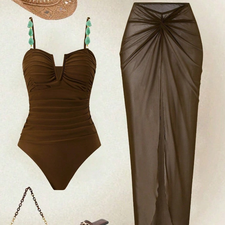 Women Refined One Piece Swimsuit with Elegant Skirt Mune Fashion