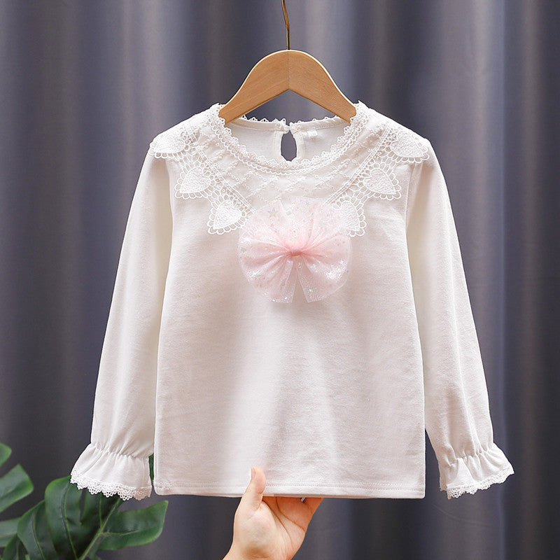 Girls long sleeve shirt with cute lace trim and bow decor Mune Fashion