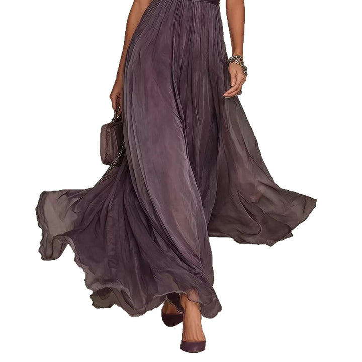 Women's Long Chiffon Evening Dress with Lace Stand Collar, Keyhole Opening and Tailored Sash Mune Fashion