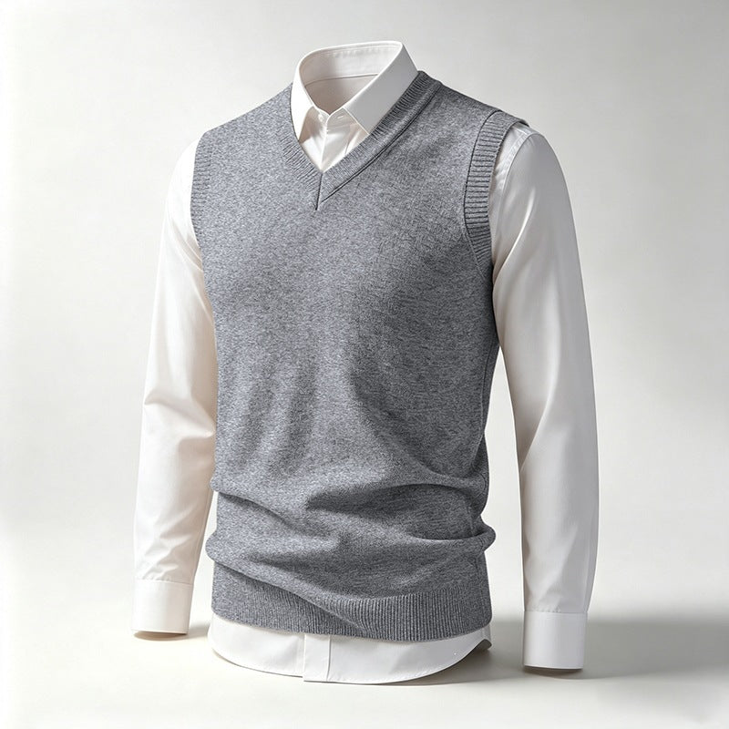 Men's Sleeveless Fine Knit V-Neck Vest with Ribbed Hem Mune Fashion