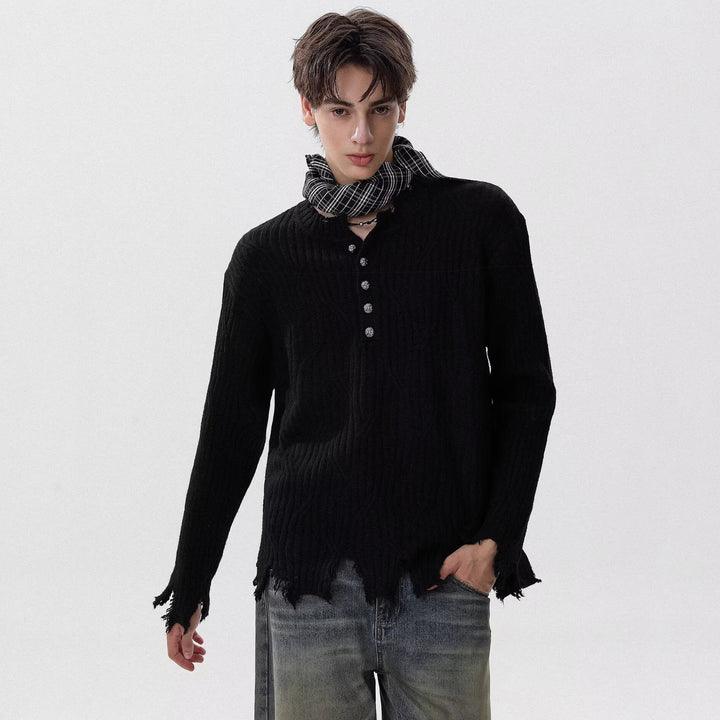 Men's Casual Chunky Knit Sweater with Button Placket and Frayed Hem Mune Fashion