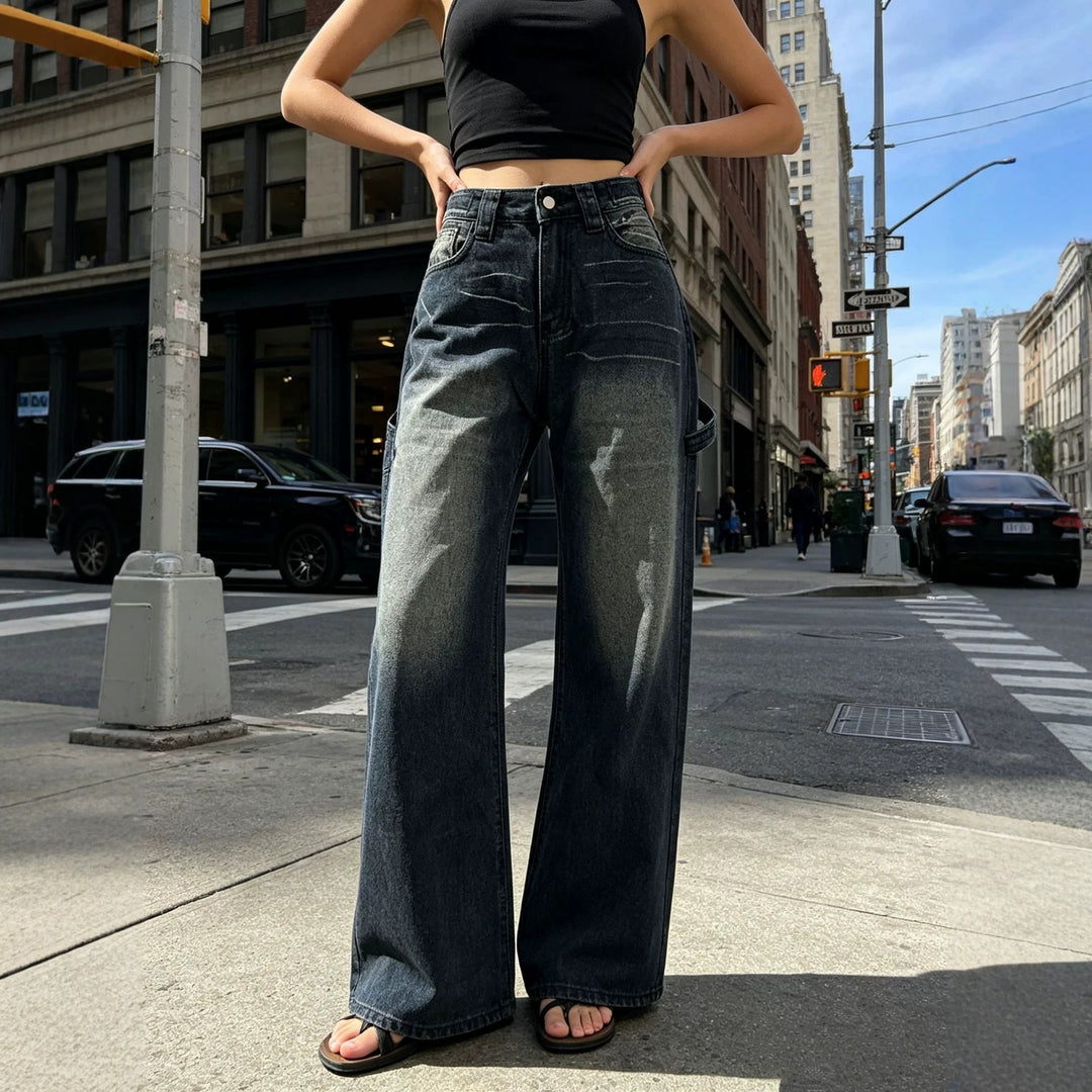 Ladies high-waist carpenter denim pants with utility side pocket and flared leg Mune Fashion
