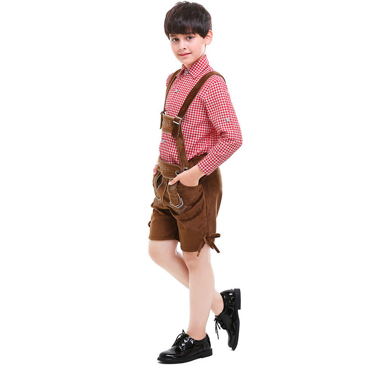 Unisex traditional children's leather trousers with adjustable straps and fine embroidery Mune Fashion