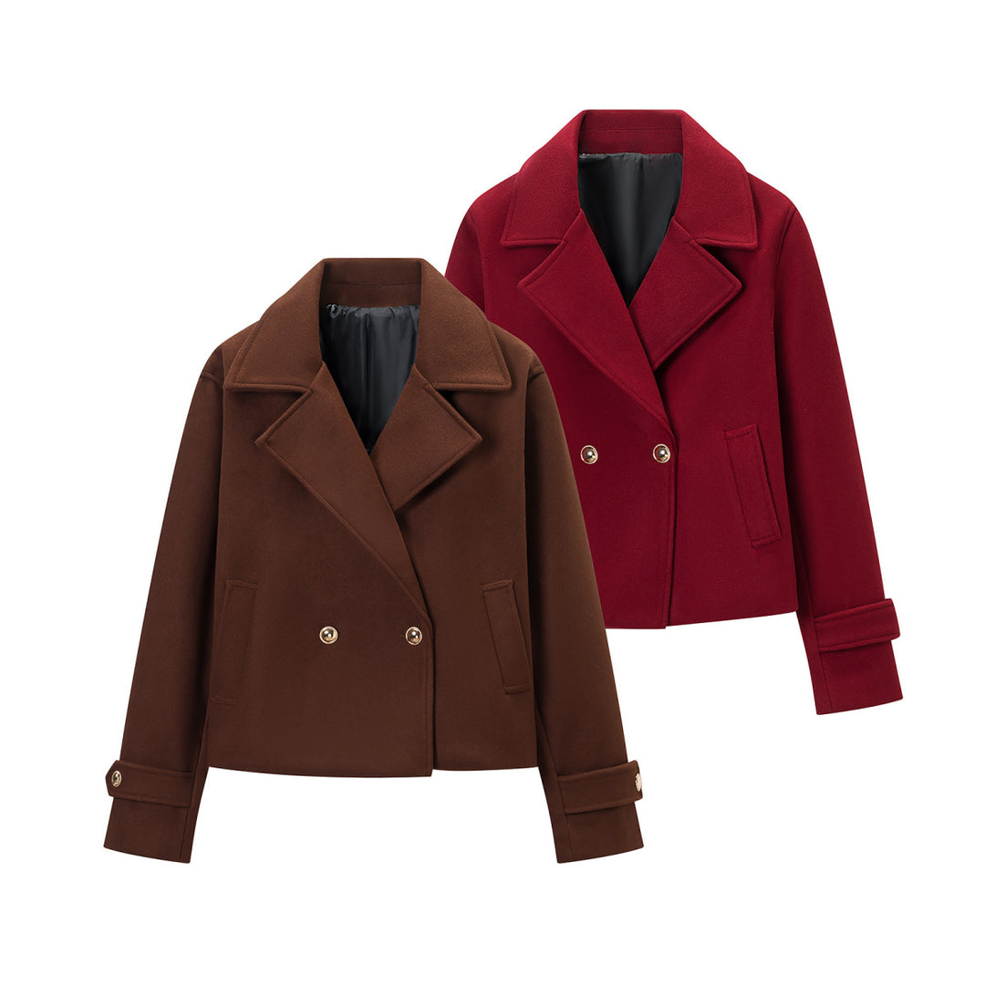 Women Short Double-Breasted Wool Mix Short Coat with Large Lapels, Roll-Up Cuffs and Flap Pockets Mune Fashion