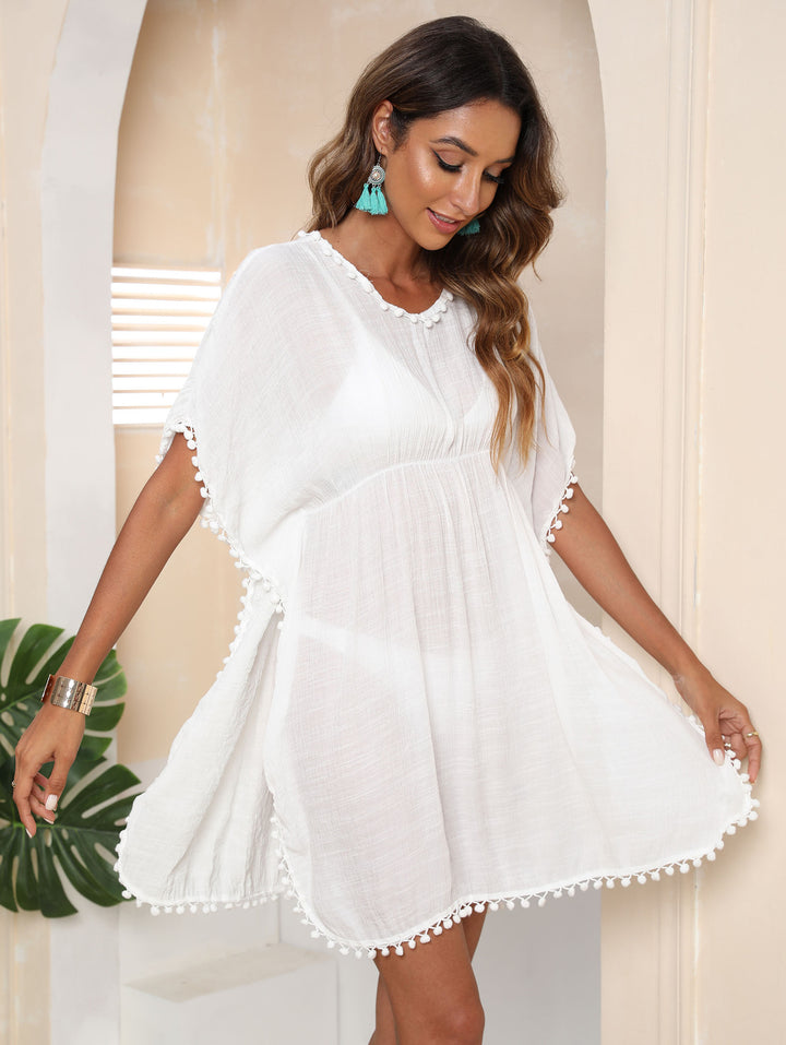 Women's airy beach cover-up with playful pom-pom edge Mune Fashion