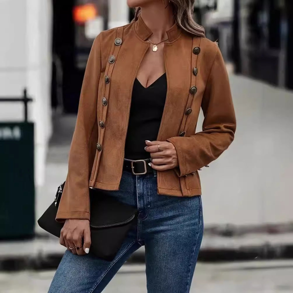 Women's fitted military jacket with stand-up collar and double button placket Mune Fashion