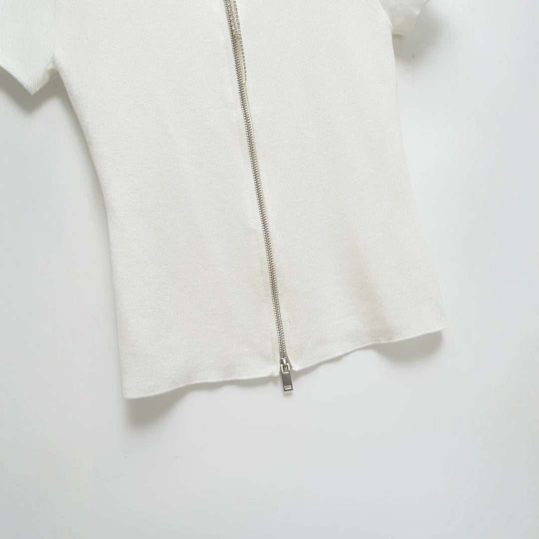 Women's Short Sleeve Fine Knit Top with Continuous Zipper Mune Fashion