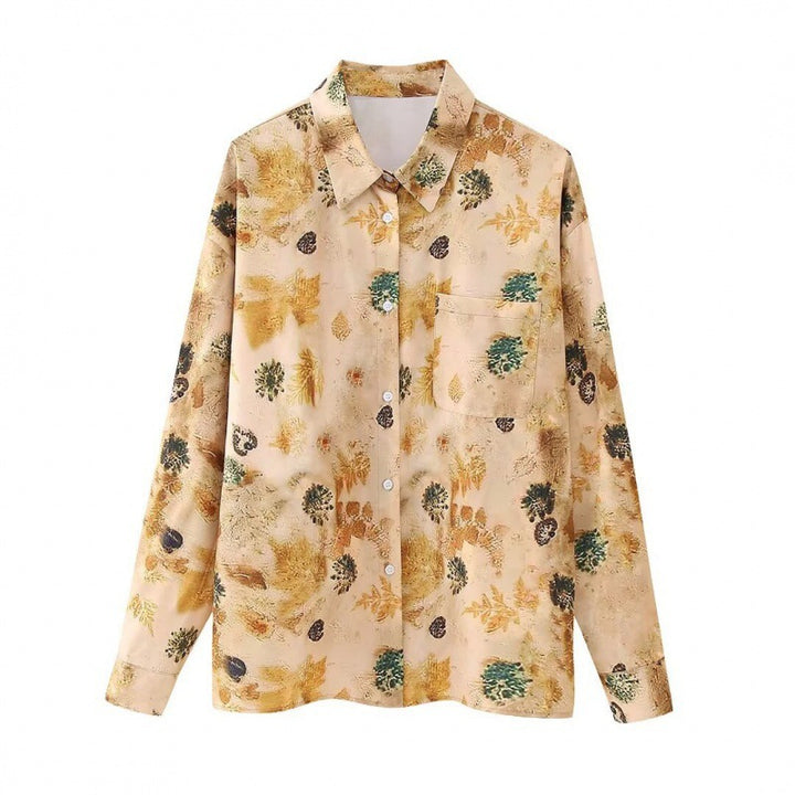 Ladies Silk-like Blouse with Floral Watercolor Print, Shirt Collar and Applied Breast Pocket Mune Fashion