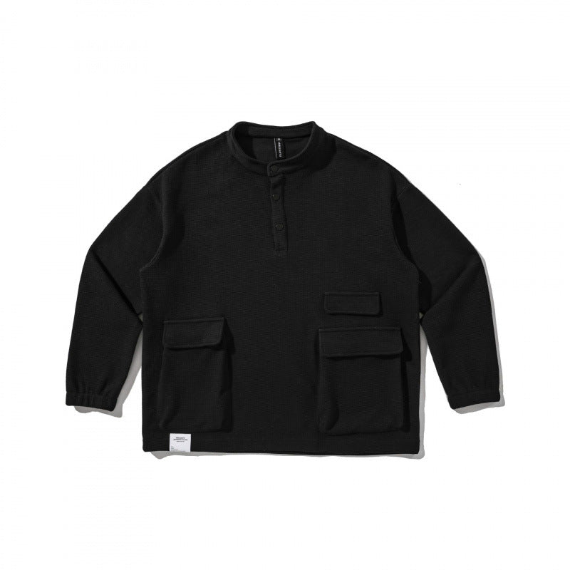 Unisex Oversize Waffle Knit Henley Sweatshirt with Stand-Up Collar, Snap Placket and Utility Pockets Mune Fashion
