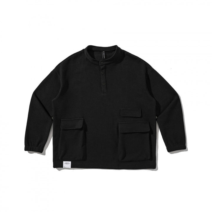 Unisex Oversize Waffle Knit Henley Sweatshirt with Stand-Up Collar, Snap Placket and Utility Pockets Mune Fashion