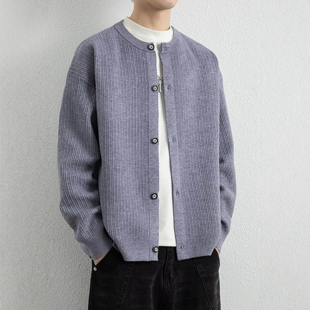 Men's Loose-Fit Structured Knit Cardigan with Round Neck and Button Placket Mune Fashion