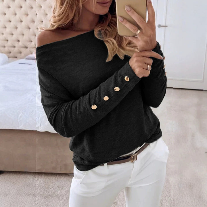 Women's Off-shoulder fine knit pullover with decorative button placket on the sleeves Drune