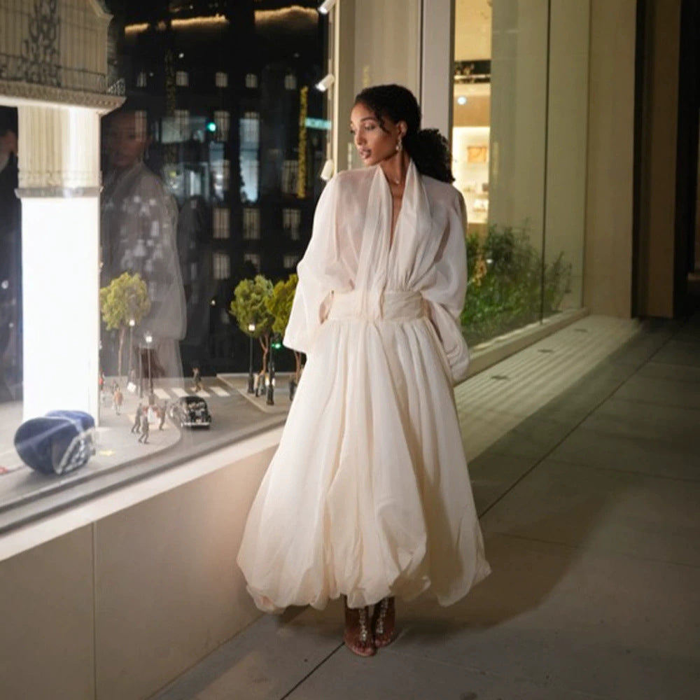 Women's Airy Pleated Maxi Dress with Balloon Hem, V-Neck and Shawl Collar Mune Fashion