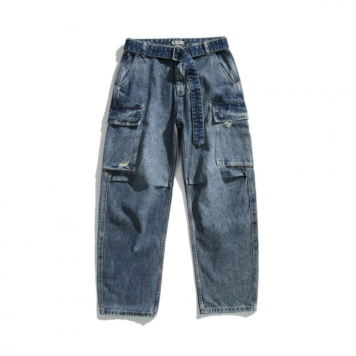 Women Cargo Jeans with High Waist, Wide Relaxed Fit and Removable Denim Belt Mune Fashion