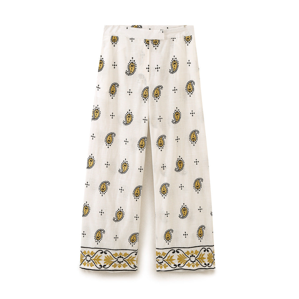 Women's Wide Linen Pants with Paisley Print and Embroidered Hem Mune Fashion