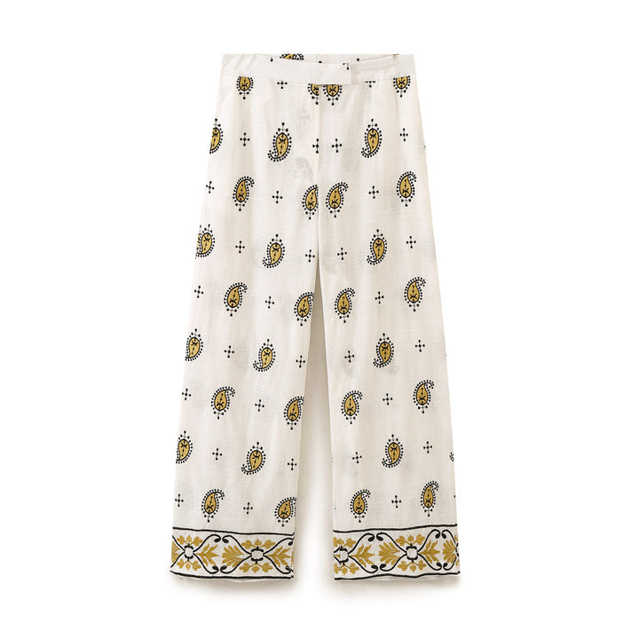 Women's Wide Linen Pants with Paisley Print and Embroidered Hem Mune Fashion