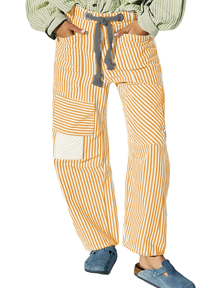 Women casual striped linen pants with drawstring and patch pockets Mune Fashion